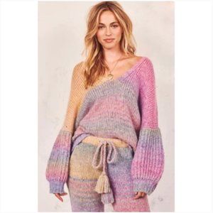 LoveShackFancy Rio Rainbow Stripe V Neck Pullover Sweater
